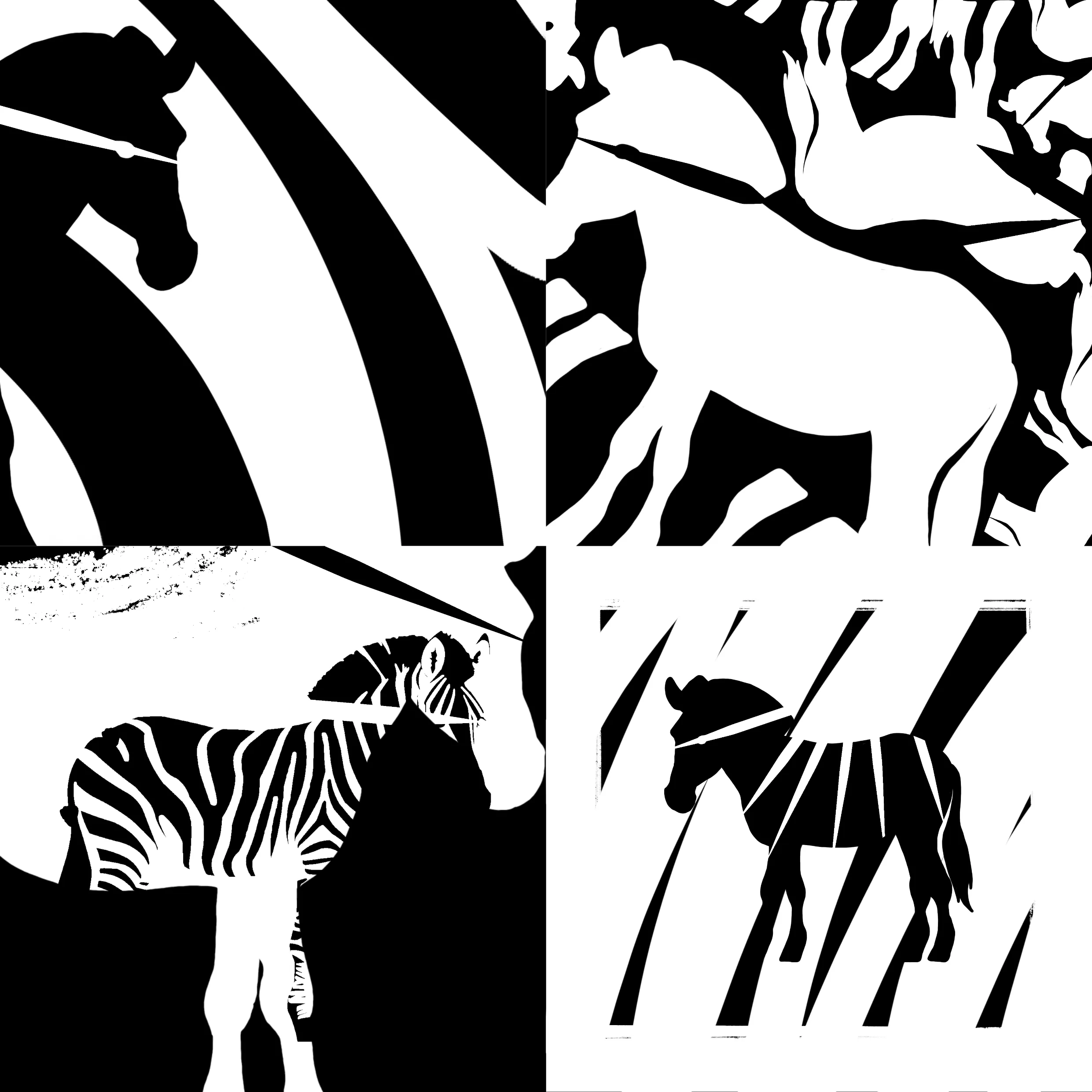 a collage of black and white panels featuring zebras