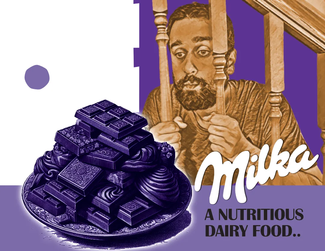 a hungry man staring at a plate of chocolate from the stairway railing