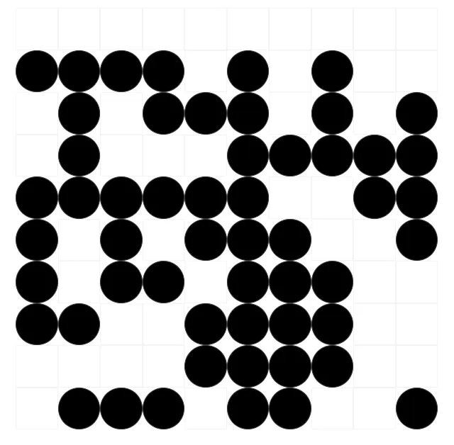 a grid of filled in black circles on a while background