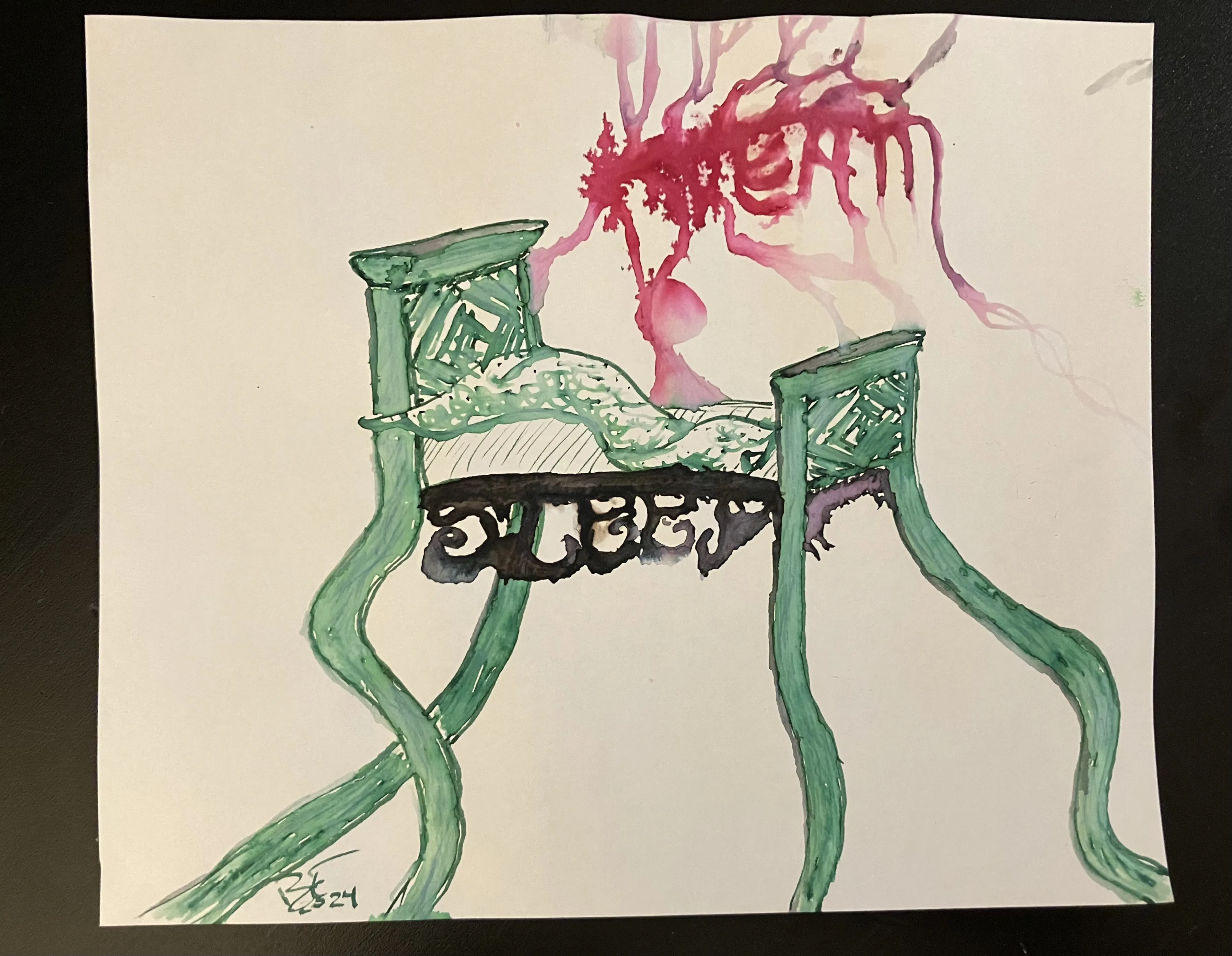 an inky drawing of a bed with long noodle legs spelling out 'dream' and 'sleep'