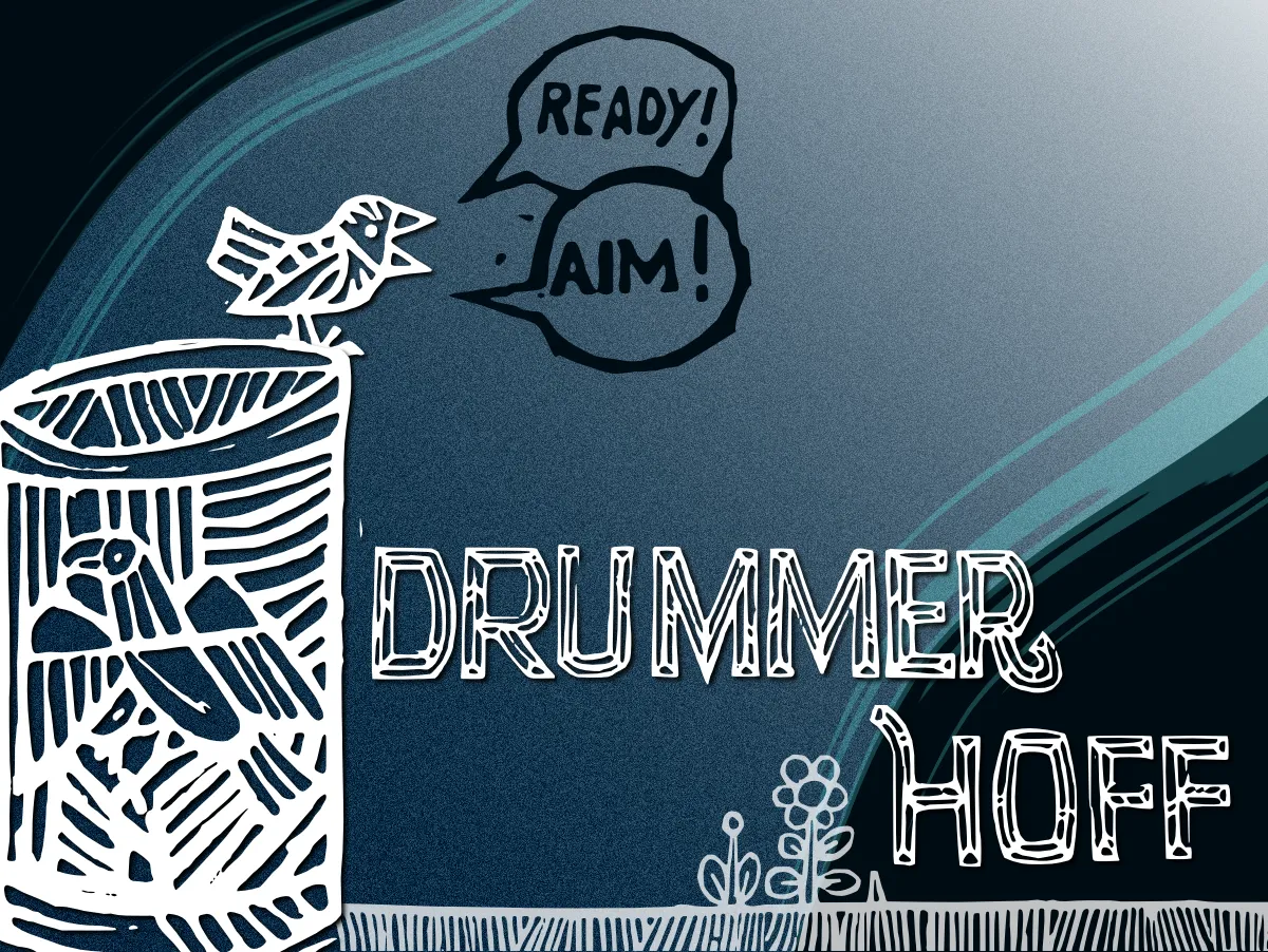 book cover for Drummer Hoff featuring a bird standing on a drum against a dark green background