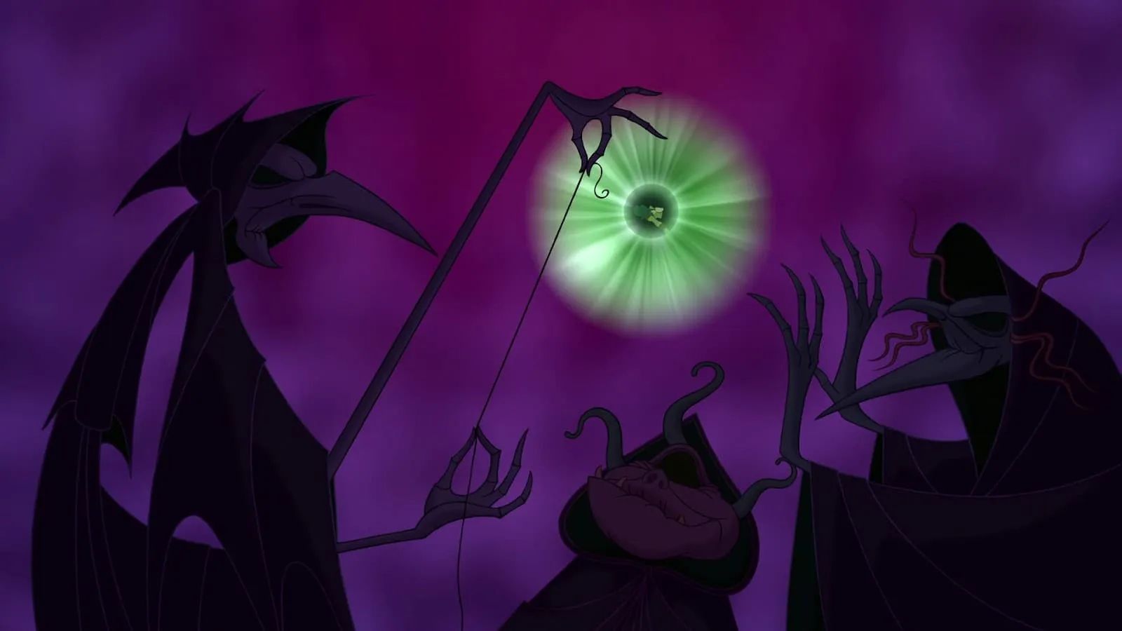 Movie frame from Hercules featuring the three Fates preparing to cut a string