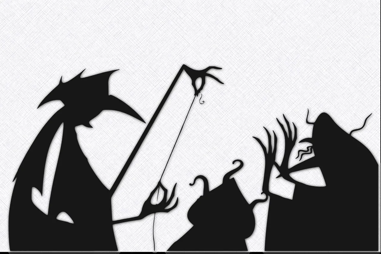 silhouette of three crones against a sharply contrasting white woven background