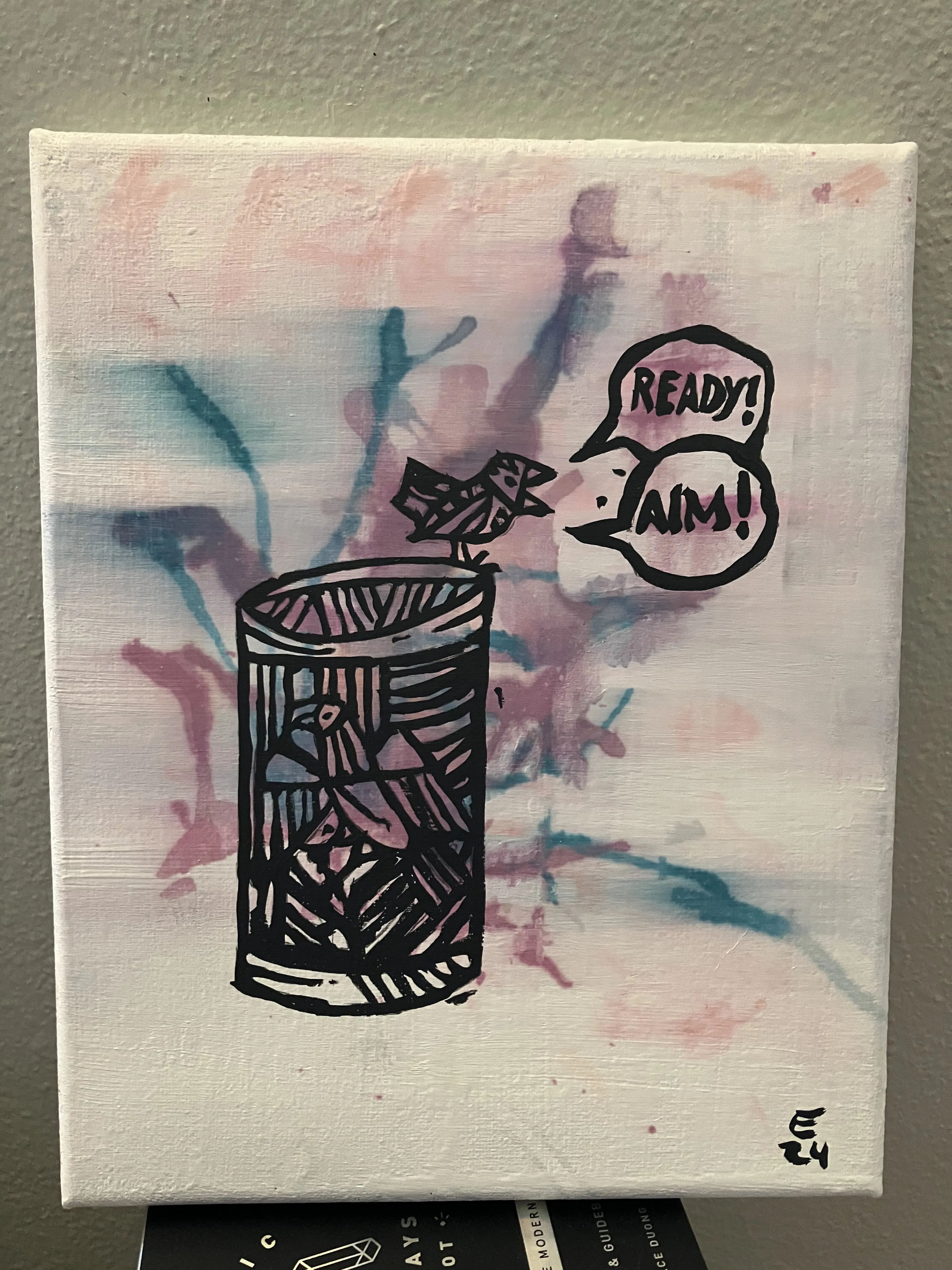 canvas art depicting a bird sitting on a drum with the text 'Ready, Aim, Fire'