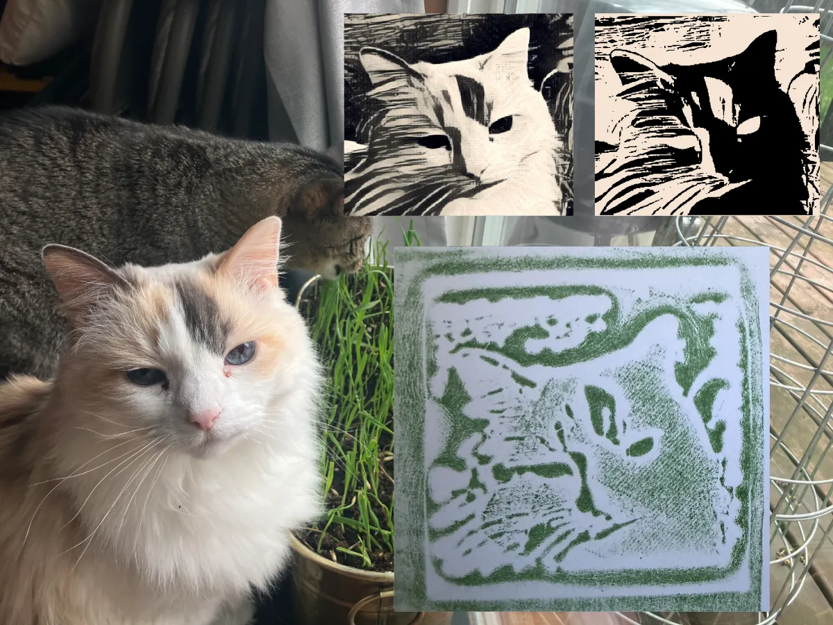 collage containing an original reference photo of a beautiful, fluffy white cat and the process of turning her face into a block print