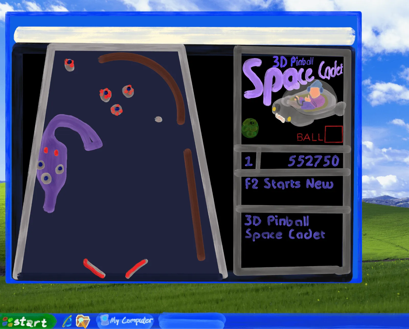 digital painting of the Windows XP desktop with a pinball game open