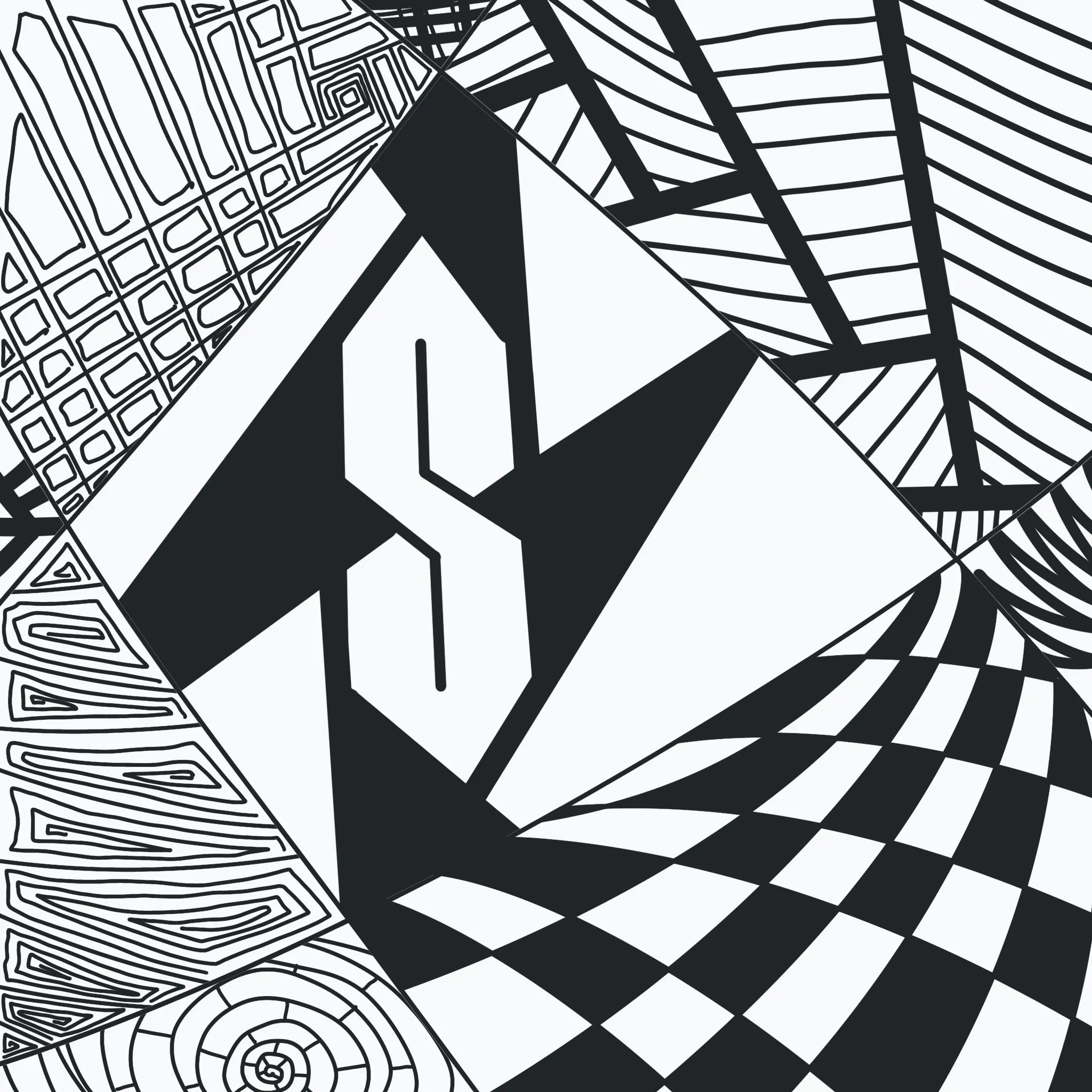 black and white lines and patterns segmenting the work into distinct zones, centered around a super cool S